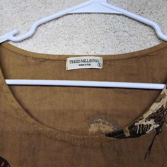 Terzo Millennio Top Linen Brown Butterfly Print Sz Small Back Buttons Lagenlook - Picture 2 of 10